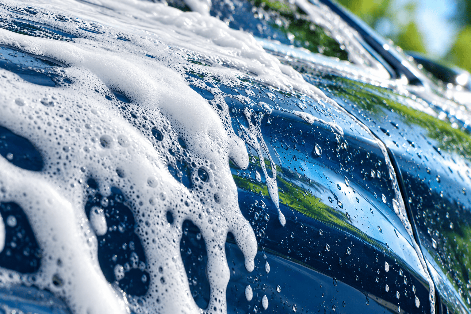 Detail van wit schuim op blauwe autolak