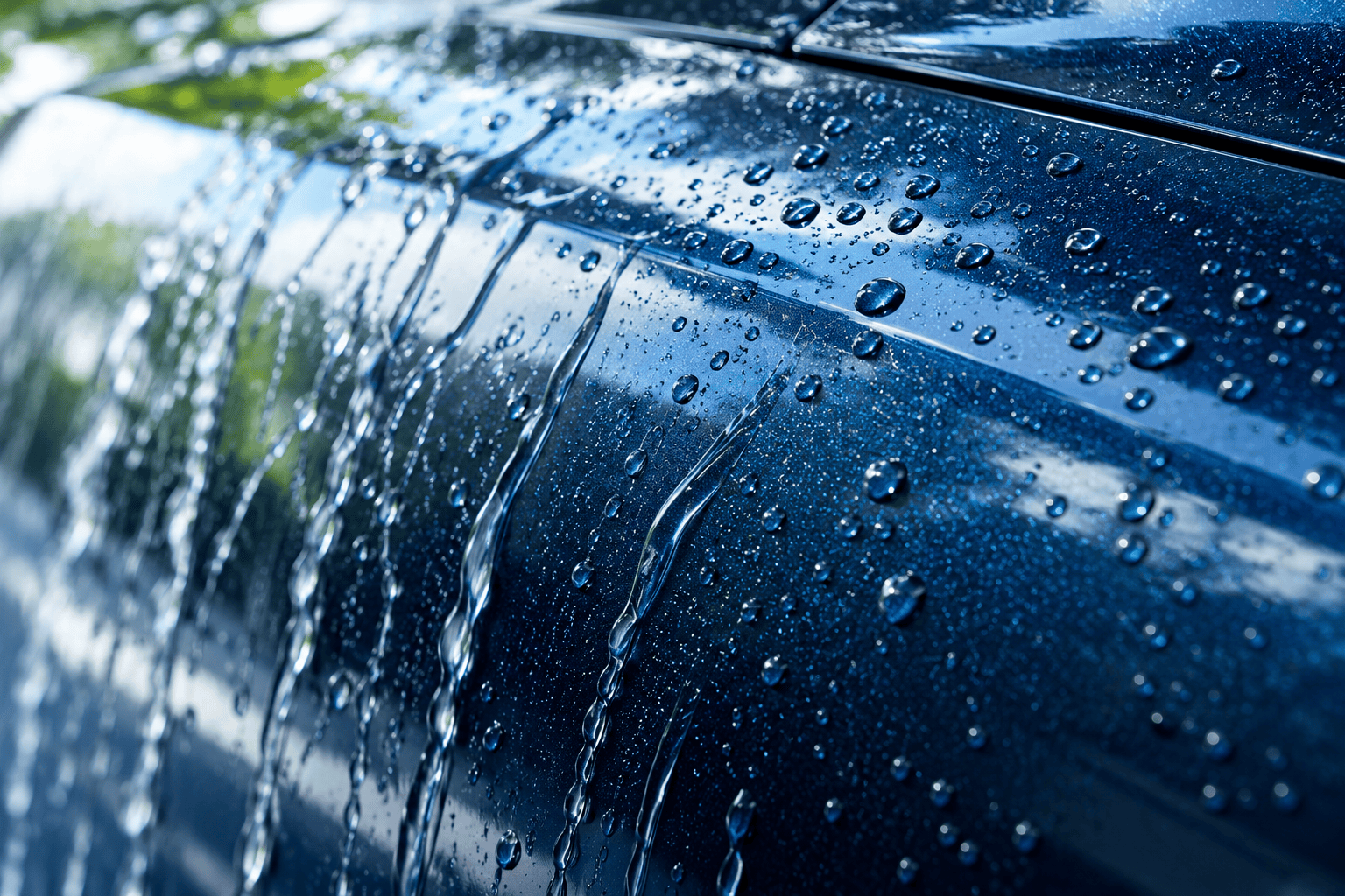 Detail van waterparels op blauwe autolak